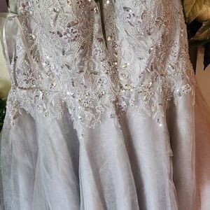 Beaded Lace Satin Ball Gown - Silver Gray